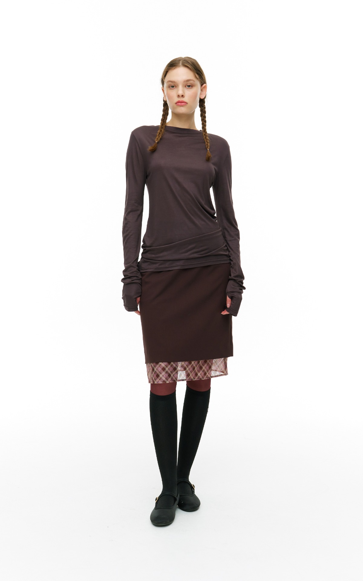 LAYERED MID TIGH SKIRT_BROWN
